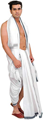Exotic India White Dhoti and Angavastram Set with Woven Border - Color Dark Slate