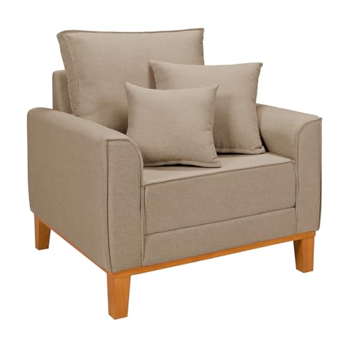 Poltrona Decorativa Beny Fixa Living Linho Para Sala Cadeira Recepção Escritório Base de Madeira (Bege)