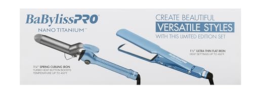 BaBylissPRO Nano Titanium Ultra-Thin 1-1/2-Inch Flat Iron Hair Straightener and 1-1/4-Inch Spring Curling Iron Set, 5-Inch Extended Plates for Faster Straightening, for All Hair Types