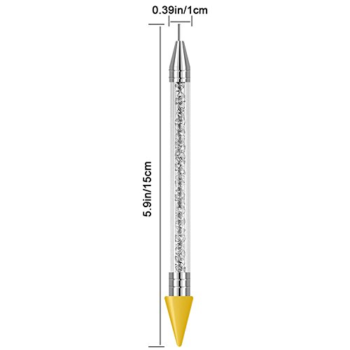 Dual Ended Nail Rhinestones Picker Pencil Dotting Pen Nail Art Design Studs Picker Crystal Beads Acrylic Handle Stainless steel and Wax Double Head Manicure Tool with Travel case (1pcs)