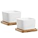 Set of 2 Decorative Small White Square Ceramic Succulent Plant Pot w/Bamboo Draining Tray - MyGift