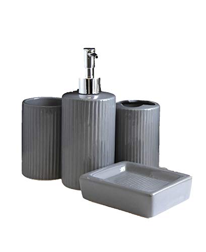 DINY Home & Style Designer 4-Piece Ceramic Bath Accessory Set | Includes Liquid Soap or Lotion Dispenser w/Toothbrush Holder, Tumbler, Soap Dish (Grey)