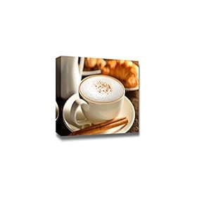 Canvas Prints Wall Art - a Cup of Cappuccino and Croissant | Modern Wall Decor/Home Art Stretched Gallery Canvas Wraps Giclee Print & Ready to Hang - 12" x 18"