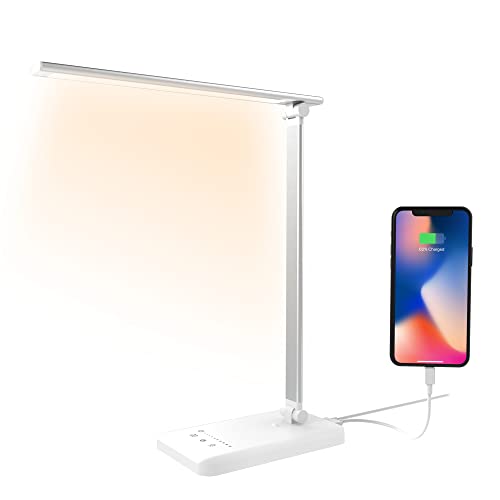 Aogled Lampe de Bureau LED,Lampe Bureau Enfant Dimmable 5 Niveaux de Luminosité 5 Modes de Couleur,Lampe de Chevet Rechargeable Avec Contrôle Tactile et Port USB/Fonction Minuterie Pliable/Rotative