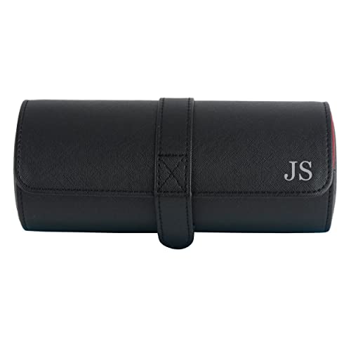 TIMELYBUYS Personalized Deluxe Black Saffiano 3 Watch Bangle Bracelet Travel Watch Case and Jewelry Roll