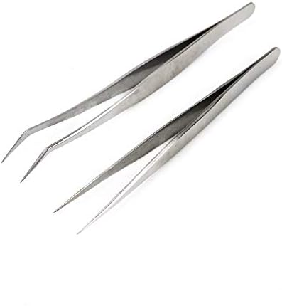 HUELE 2 Pcs Professional Stainless Steel Precision Tweezers Set Straight and Curved Pointed Application Tweezers for Individual and 3D 5D Mink Lash Extensions