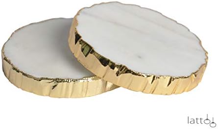 Lattoo Handmade White Marble Gilded Tea Coaster Set for Home and Office | Set of 2 Coaster