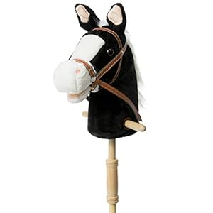 HollyHOME Outdoor Stick Horse with Wood Wheels Real Pony Neighing and Galloping Sounds Plush Toy Black 36 Inches(AA…