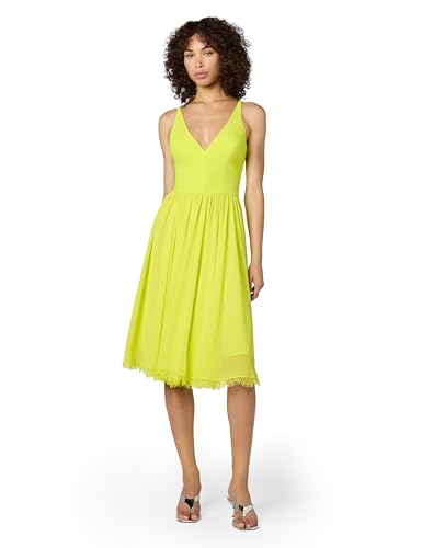 Dress the Population Women's Alicia Plunging Mix Media Sleeveless Fit & Flare Midi Dress, Lemongrass, X-Large