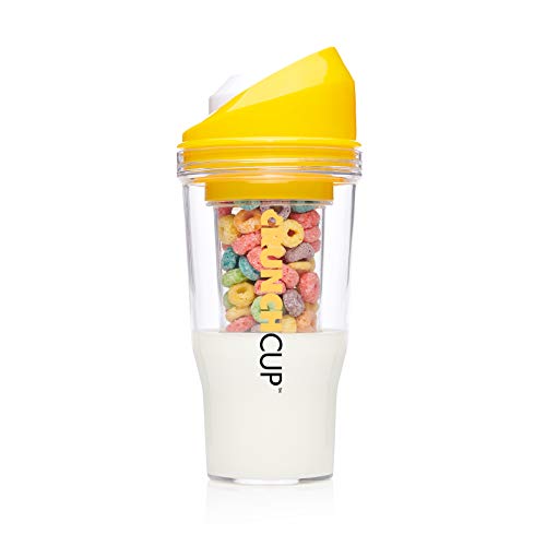 CRUNCHCUP Standard Yellow - Portable Plastic Cereal Cups for Breakfast On The Go, to Go Cereal and Milk Container for Your Favorite Breakfast Cereals, No Spoon or Bowl Required