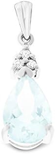 1.04CTW .925 Sterling Silver Genuine Natural Aquamarine and Diamond Pear Shaped 6 x 8 mm. Pendant
