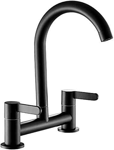 Kitchen Sink Mixer Taps, 2 Hole Kitchen Faucet, 360° Swivel Spout Dual Lever Sink Mixer Tap, Deck Mounted Kitchen Taps, Cold and Hot Mixer Tap, Sink Tap 1/4 Turn with UK Standard Fittings (Black)