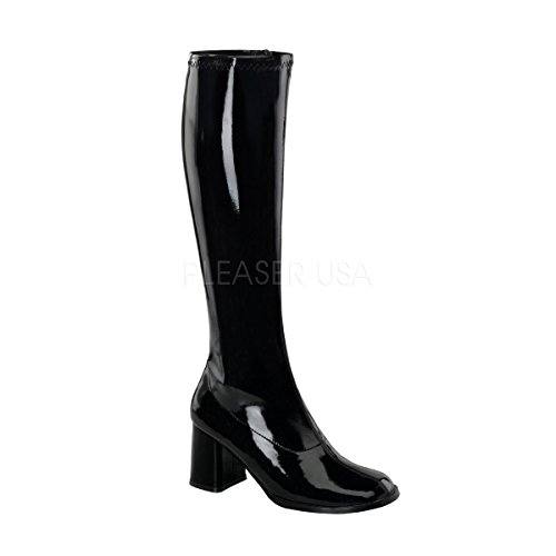 Knee High Stretched Chunky Plat. Sexy Boots Heel 3" Large Sizes Pleaser Gogo-300 Black/Patent Size 14