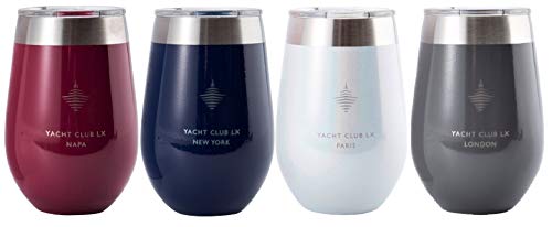 Yacht Club LX 12 oz Insulated Stemless Wine Glass Tumblers with Velvet-Wrapped Pouches (Cosmopolitan Collection, Set of 4)