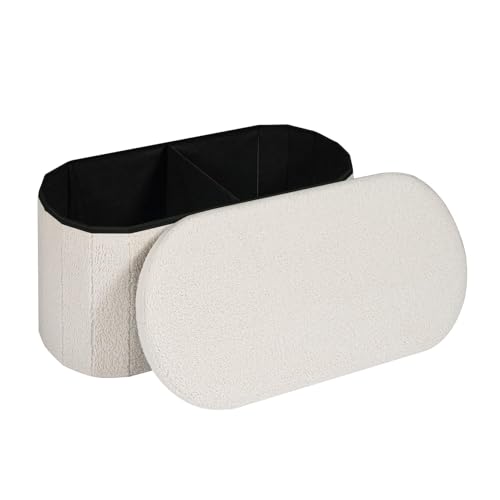 28" Oval Foldable Ottoman with Storage, Teddy Boucle Fabric Footrest, Storage Bench for Living Room, Bedroom, Entryway, Dorm, White