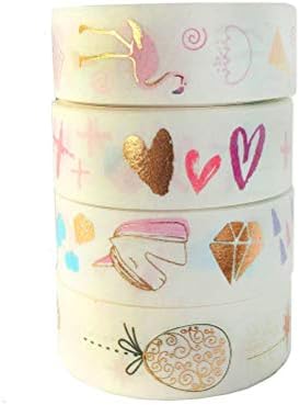Gold Foil Unicorn Flamingo Pineapple Angel Love Heart Washi Tape-4 Roll- Decorative DIY Japanese Masking Scrapbook Notebook Sticky Paper Wide Washi Tape (Width:15mm)