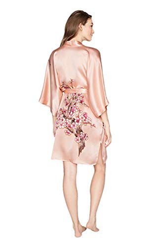 Old Shanghai Women's Silk Kimono Short Robe - Handpainted (Cherry Blossom Dusty Pink)