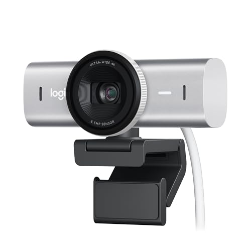 MX Brio Webcam de Collaboration et Streaming 4K Ultra HD, 1080p à 60 IPS, 2 micros avec réduction de Bruit, Show Mode, USB-C, Cache pour Webcam, Microsoft Teams, Zoom, Google Meet, Pale Grey