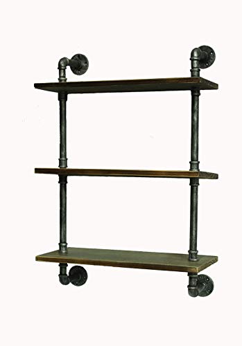 Industrial Pipe Shelving Bookshelf Rustic Modern Wood Ladder Pipe Wall Shelf 3 Tiers Wrought IronPipe Design Bookshelf DIY Shelving (Dia 25mm, Silver) - Thumbnail 2