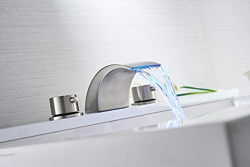 Bathfinesse 8-16 Inch LED Waterfall Widespread Bathroom Sink Faucet 3 Holes with Two Handles Commercial Brushed Nickel Lavatory Faucets