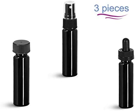 Magnakoys 8 Dram 1 oz Slim Black Plastic Vials w/ Caps Droppers Fine Mist Sprayers (Vial w/ one of each, Black, 3)