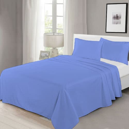 100% Egyptian Cotton Flat Sheet Super Soft Breathable Hypoallergenic Easy Care 200 Thread Count Bed Flat Sheet Hotel Quality Bedding Set (Blue, Single)