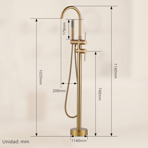 ARCORA Floor Bathtub Faucet with Shower, Independent 360° Swivel Bath Tap, Copper and Stainless Steel, Ceramic Cartridge, 2 Handling Modes, Floor Installation, Gold