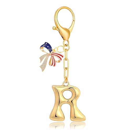 Yonuni Bubble Initial Keychain with Bow - American Flag Gold Letter at Amazon
