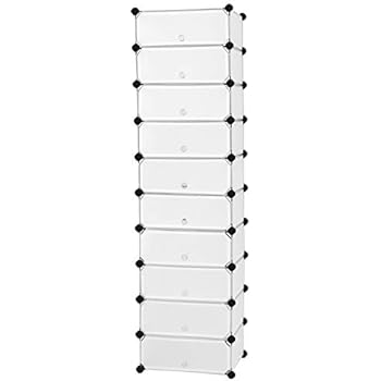 SONGMICS 10-Tier Shoe Rack,Plastic Cube Storage Organizer Units,DIY Modular Closet Cabinet with Doors, Includes Rubber Mallet and Anti-Tipping Device, White ULPC10W
