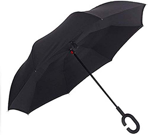 Polyester Blue Windproof Reverse Folding Double Layer Inverted Umbrella with C Shape Handle( BLACK )