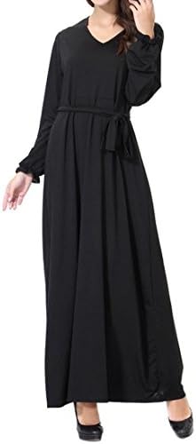 GloryA Women's Islamic Middle East V-Neck Abaya Saudi Arabia Long Sleeve Muslim Gown Dress