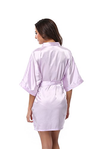 Feelia Women's Satin Kimono Robe Short Bathrobe For Wedding Party, Solid Color, Short, Light Purple,S