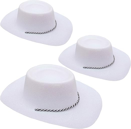 Toyland® Pack of 3-34cm (13") White Glitter Cowboy Hats - Festivals, Concerts, Fancy Dress & Hen Do Accessories