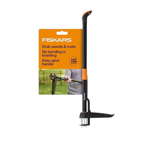 Fiskars 4-Claw Stand Up Weeder - Gardening Hand Weeding Tool with 39 Long Ergonomic Handle - Black