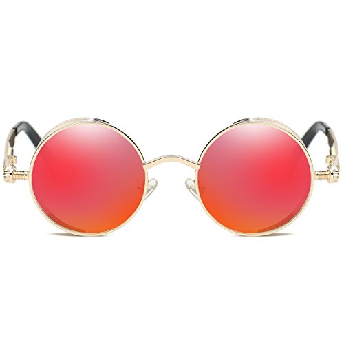 Dollger Vintage Steampunk Retro Metal Round Circle Frame Sunglasses (C2:Red Lens/Gold Frame, 100% UV Protection Lens)