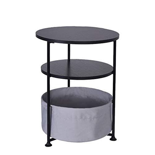 Hisoul Double/Three Layer Round Wood Side Table with Fabric Storage Basket, Multi-Purpose Small Simple Coffee Table for Home and Office (♥ Black, L-Size:16.14×20.87×16.14 Inch) - Thumbnail 3
