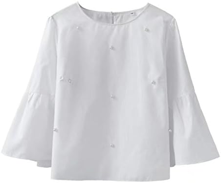 UGREVZ Women's Bell Sleeve Beading Casual Blouse Top WF001-White-S