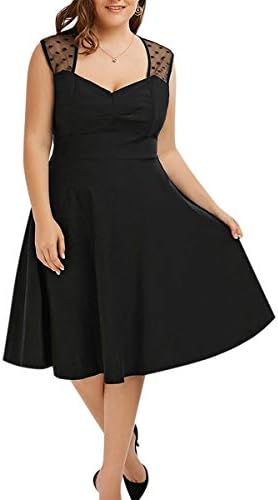 Women's Vintage Mesh Trim Plus Size Sweetheart Neck Decolletage Sleeveless Pleated Swing Party Sundress