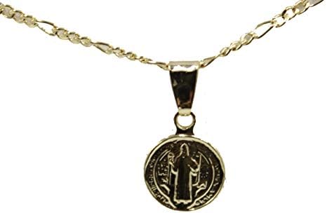 San Benito Round Mini Medal - St. Benedict Medal 18k Gold Plated Round Pendant with 18 Inch Chain