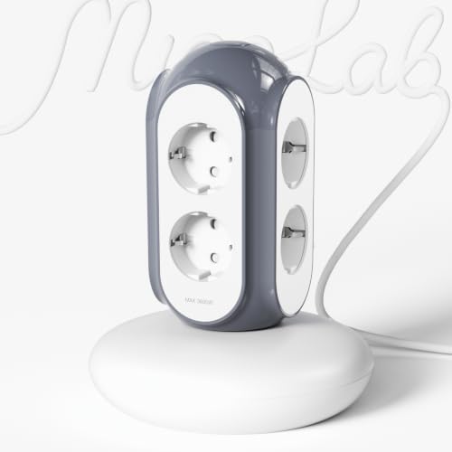 Multiprise Tour 6 Prises AC, 3680W/16A, Protection surtension 1420J, Base lestée 479g Anti-basculement, câble 2 m, Protection Surcharge (Gris Basalte)
