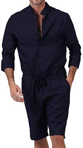Gafeng Mens Romper Jumpsuit Shorts 3/4 Sleeve Casual Button Down Workout Hippie Summer Elastic Waist Overalls