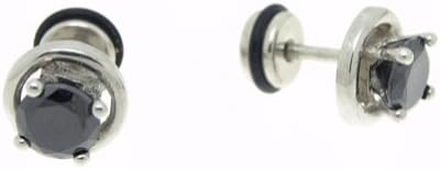 SWEETIE 8 Jewelry BLACK Round Plate 6mm Four Prong Setting Mens Unisex Stainless Steel CZ Cubic Zirconium Stud Earrings , 2pc