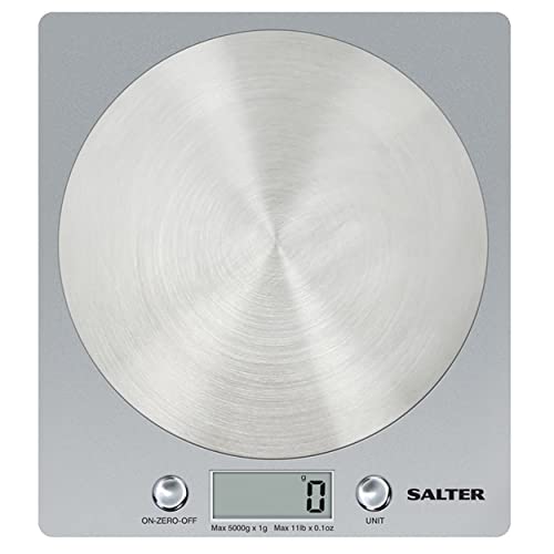 Salter Balance De Cuisine Électronique De Qualité – Compacte et Facile à Lire - Capacité De 5Kg – Fonction Tare - Grammes, Ml, Onces, Livres - Acier Inoxydable et Noir