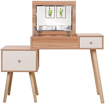 Loye Dressing Table 2 Drawers Oak Makeup Vanity Table Set With Stool And Mirror Bedroom Dressing Table For Ample Storage White Oak Dressing Table Amazon Co Uk Kitchen Home