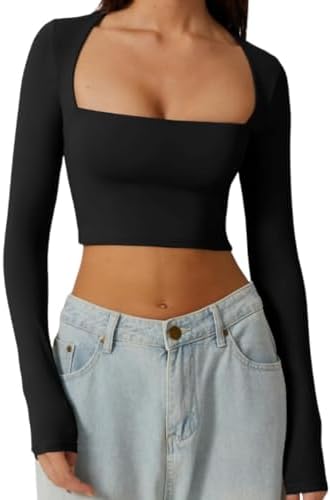 トップス SQUARE NECK LADY LIKE PLEATS TOP QINSEN Women's Sexy Square Neck Crop Top Long Sleeve Slim Fit