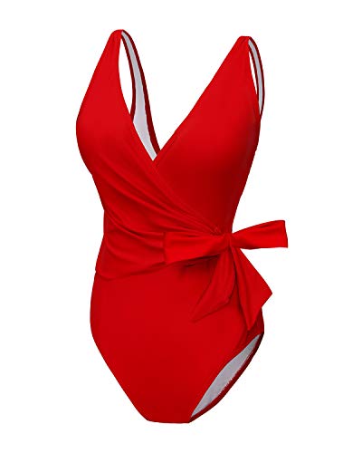 YOLIPULI Women's Bowknot One Piece Swimsuit V Neck Backless Beach Swimwear Low-U-Back Bathing Suit for Women Ruby Red Large - Thumbnail 6