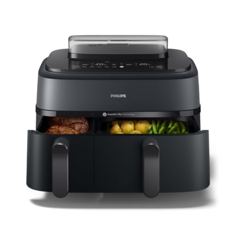 Philips Airfryer Serie 5000 doppio cestello con vapore-Frittura ad aria, cottura a vapore o combinata 19 metodi di cottura; Capacità 9L (3L + 6L), Tecnologia RapidAir Plus, Auto SteamClean (NA550/00)