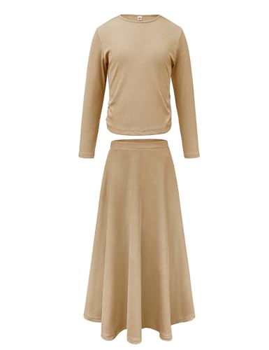 Yesfashion Girl Skirt Set Ribbed Knit Long Sleeve Shirt Top and A Line Maxi Skirt with Pockets 2 Piece Outfits, 8-9Y, Khaki at Amazon