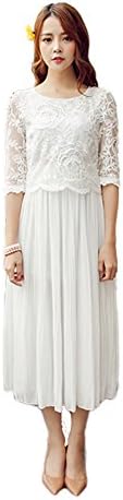 PTBAdress Women's Korean Chiffon O-neck Dress White Summer Dress