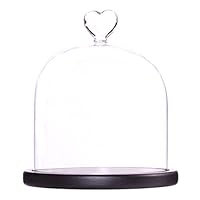 Moonlear Clear Glass Dome Display Case Heart Handle Cloche with Wood Base Dia 6 inch